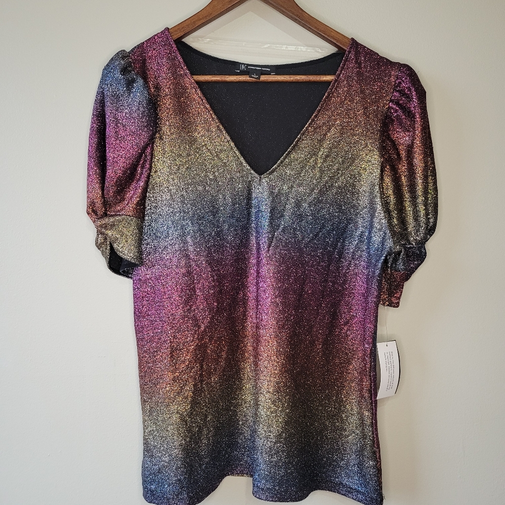 INC International Concepts Women's Rainbow Metallic Shine Puff Sleeve Sz L NWT
